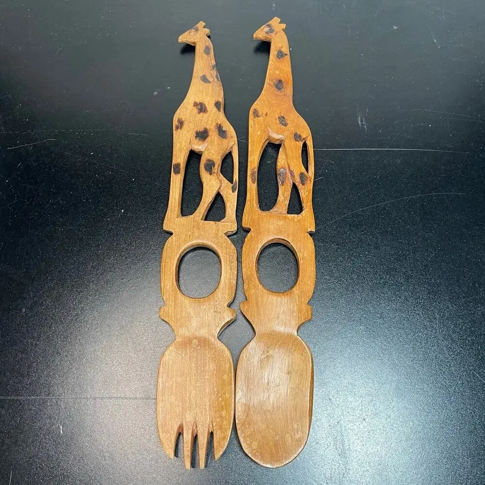 Vintage Hand Carved Wooden Giraffe Salad Spoon & Fork Set 11.25